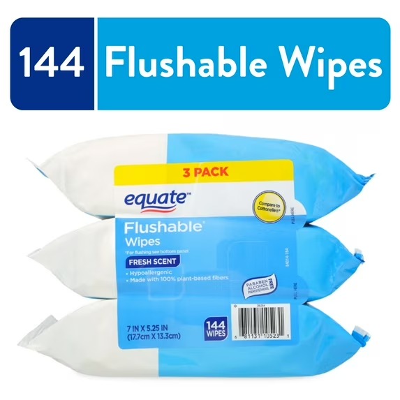 Equate Flushable Wet Wipes, Fresh Scent, 144 Wipes, 3 Pack