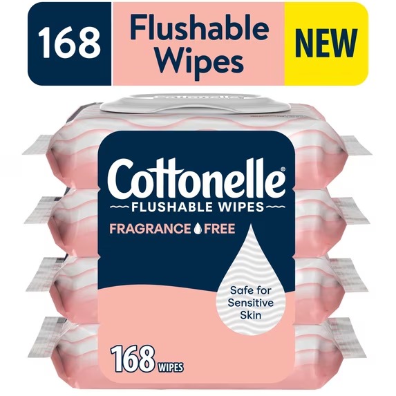Cottonelle Fragrance Free Flushable Wet Wipes, 4 Flip-Top Packs