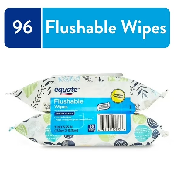 Equate Hypoallergenic Flushable Wet Wipes, Fresh Scent, 96 Wipes, 2 Pack