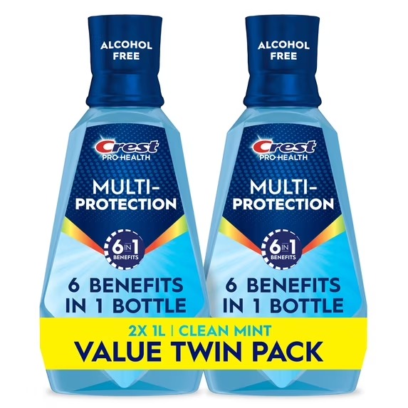 Crest Mouthwash, Pro‑Health Multi‑Protection Fluoride Mouthwash, Alcohol‑Free Oral Rinse, Fresh Mint, 1L Bottles, 2 Pack