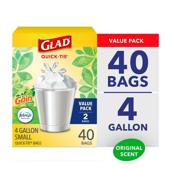 Glad 4 Gallon Small Quick Tie Trash Bags, Gain Original Scent, Febreze Freshness, 40 Bags