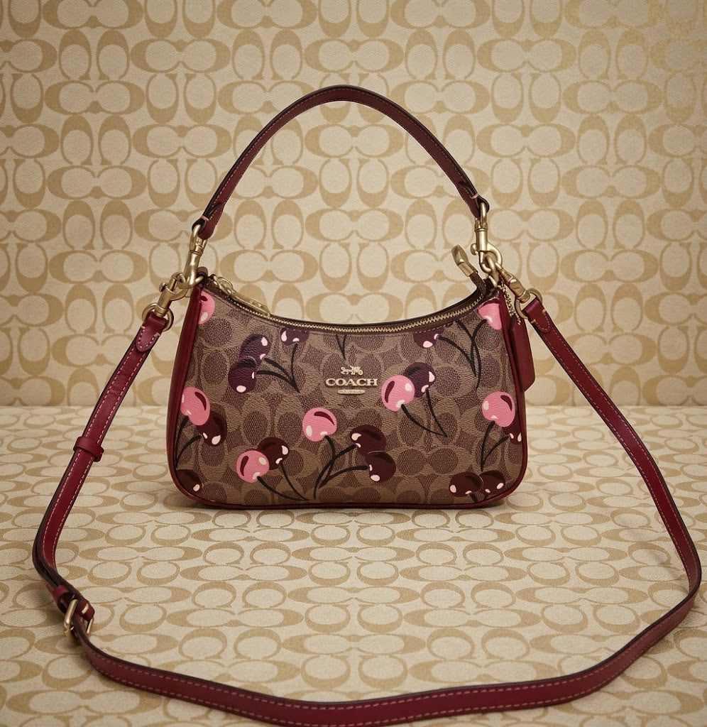 Coach CY694 Teri Shoulder Bag in Signature Canvas with Cherry Print – Tan Brown Multi